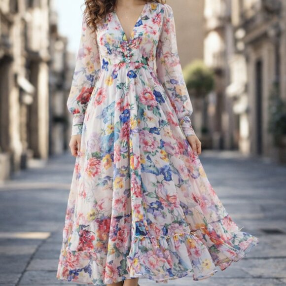 NWT Dalia MacPheeFloral Garden French Country Style Feminine Maxi Dress